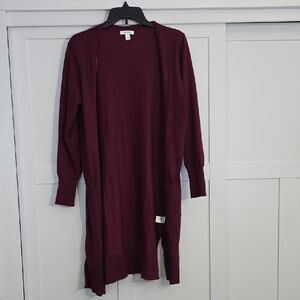 Nine West Long Open-Front Cardigan in Burgundy